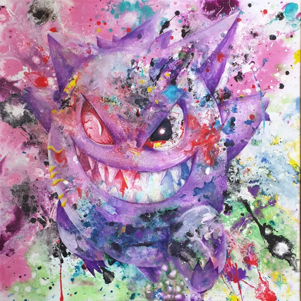 GENGAR: Libera reinterpretazione del soggetto iconico. Colori anime caleidoscopici, rispetto della personalità del soggetto. Rivisitazione del lato oscuro.