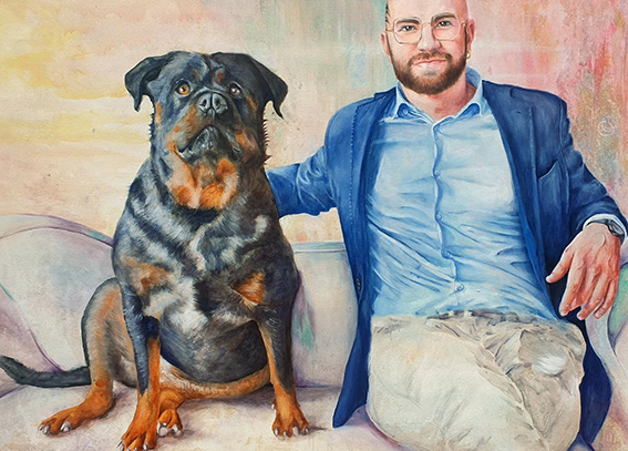 acrilico su tela. ritratto figurativo. cane . uomo. rottweiler